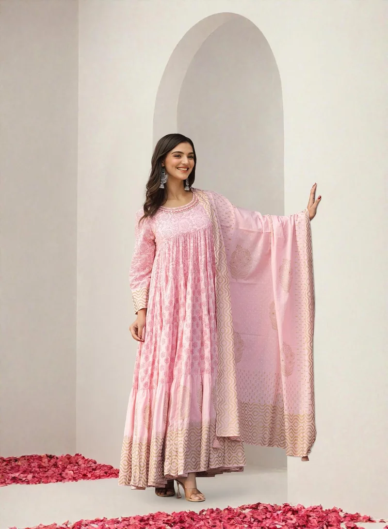 آي شين Women's Pink 100% Cotton Embellished Midi Kaftan Straight Fit Dress